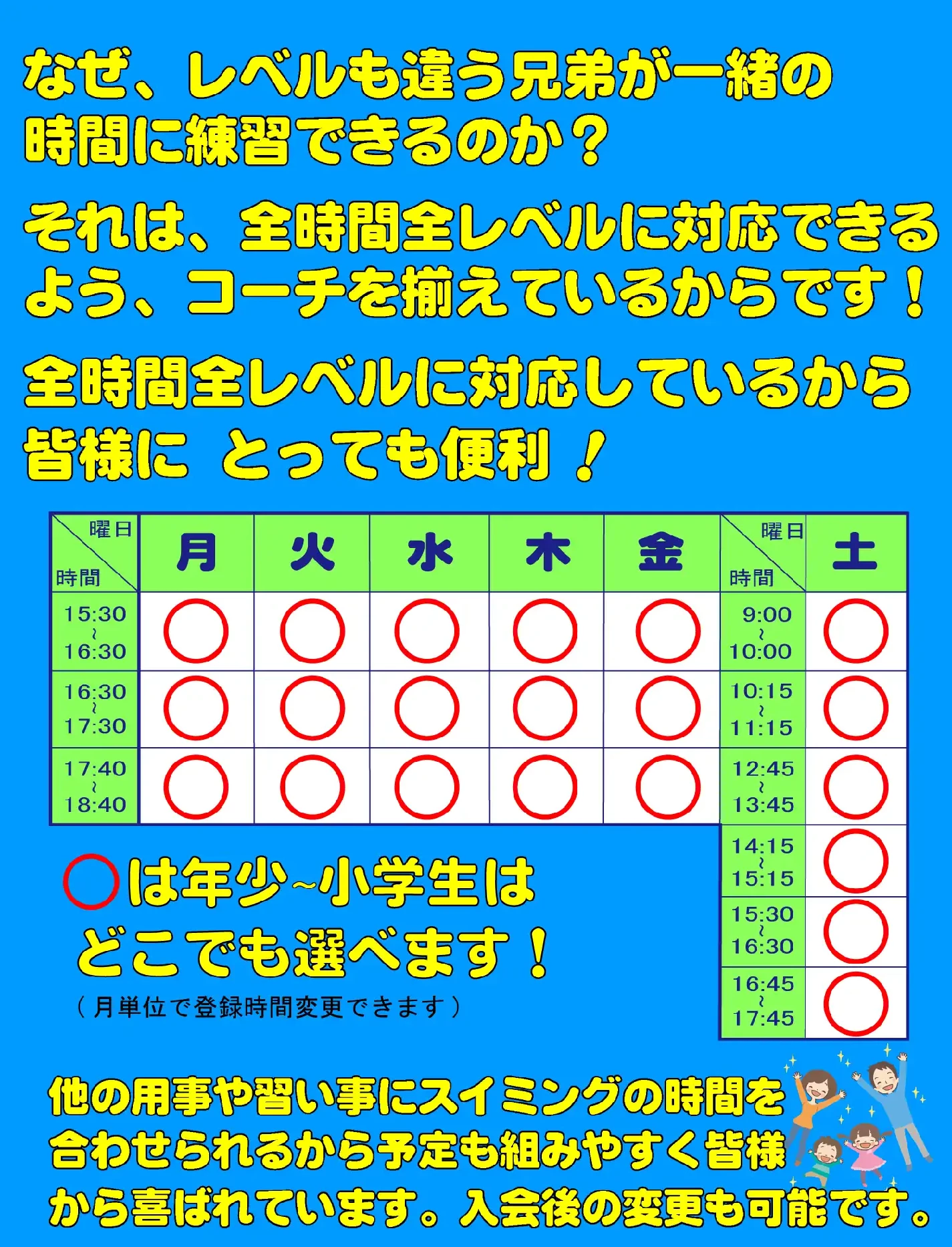 なぜ、レベルも違う兄弟が一緒の時間に練習できるのか？それは全時間全レベルに対応できるよう、コーチを揃えているからです!全時間全レベルに対応しているから皆様にとっても便利!